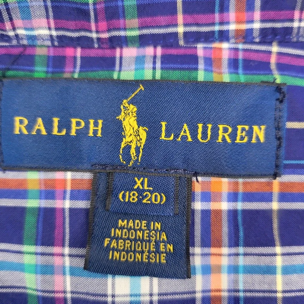 Ralph Lauren Shirt Boys XL 18-20 Blue Plaid Short Sleeve‎ Button Front Pony Logo
